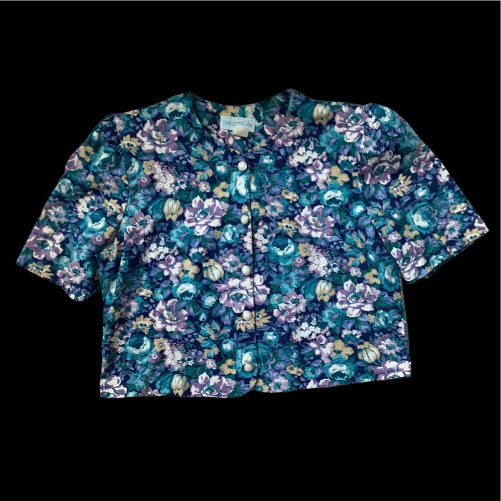 VINTAGE Cottagecore Blue Floral Button Up Crop Top - Picture 1 of 3
